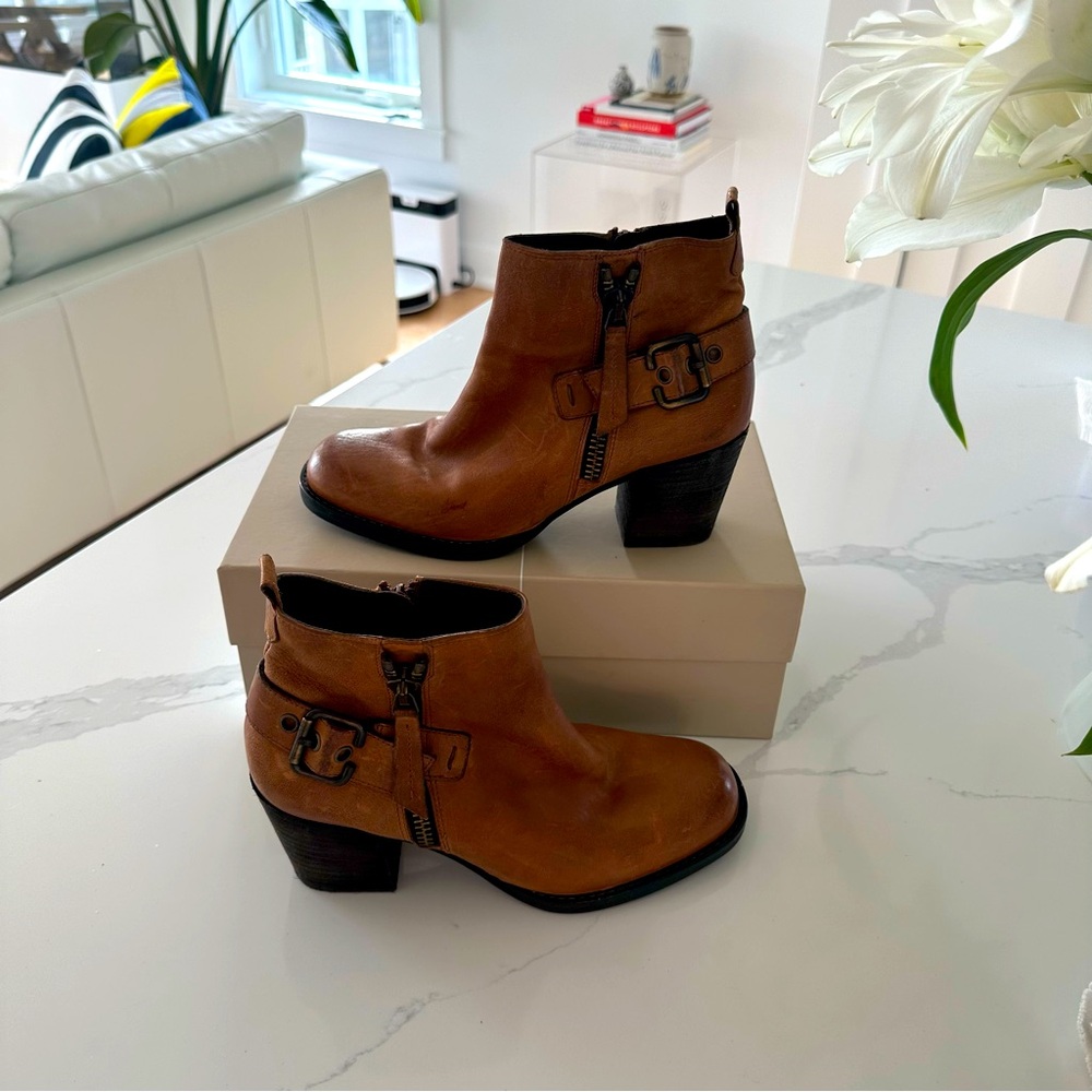 Paul Green München Tan Leather Ankle Booties with Buckle Accent